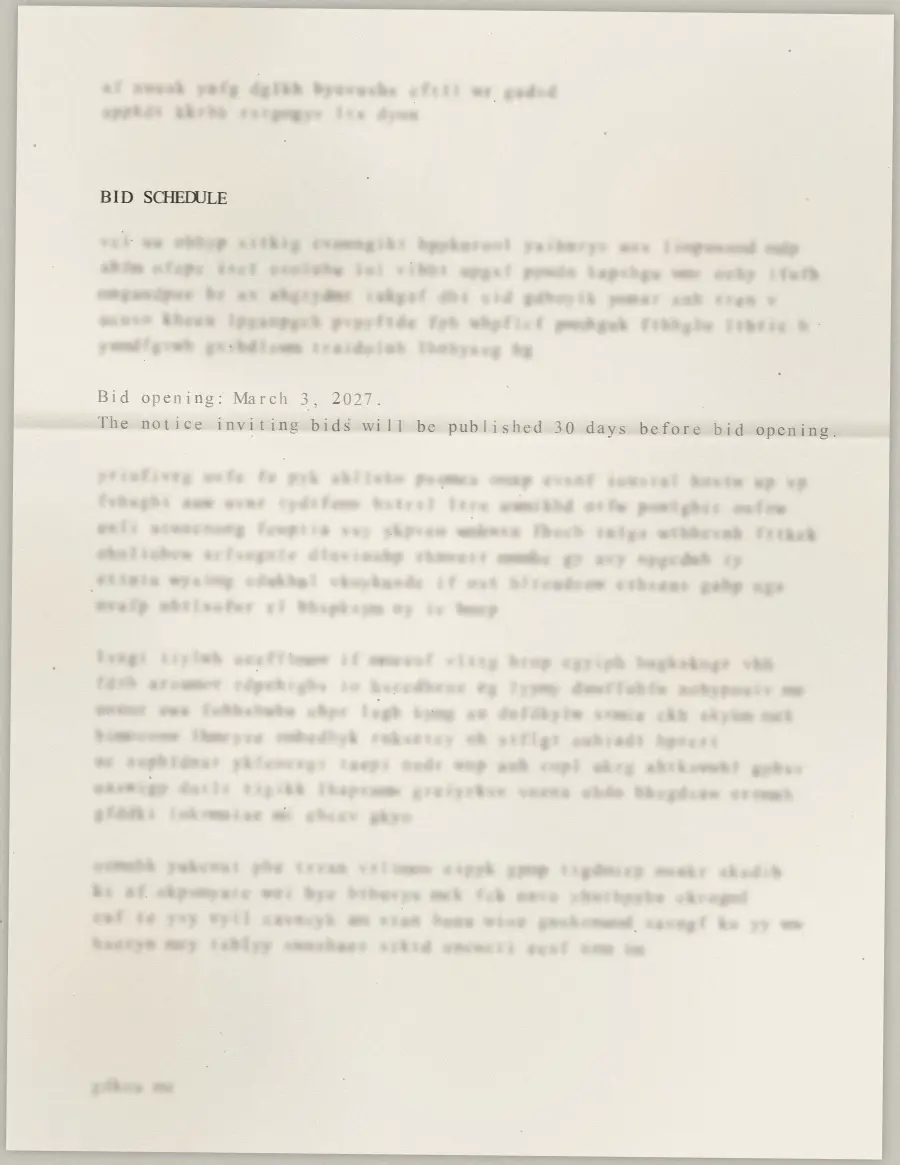 Scanned page 12, typed. BID SCHEDULE. Bid opening: March 3, 2027. The notice inviting bids will be published 30 days before bid opening. The surrounding lines are too blurred to read.